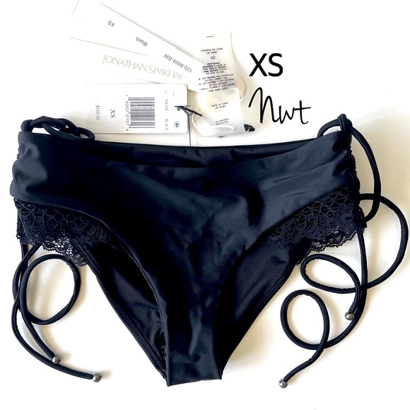 NWT XS Jonathan Simkhai black lace detail swim tanga bottom string scrunch sides - Picture 10 of 10